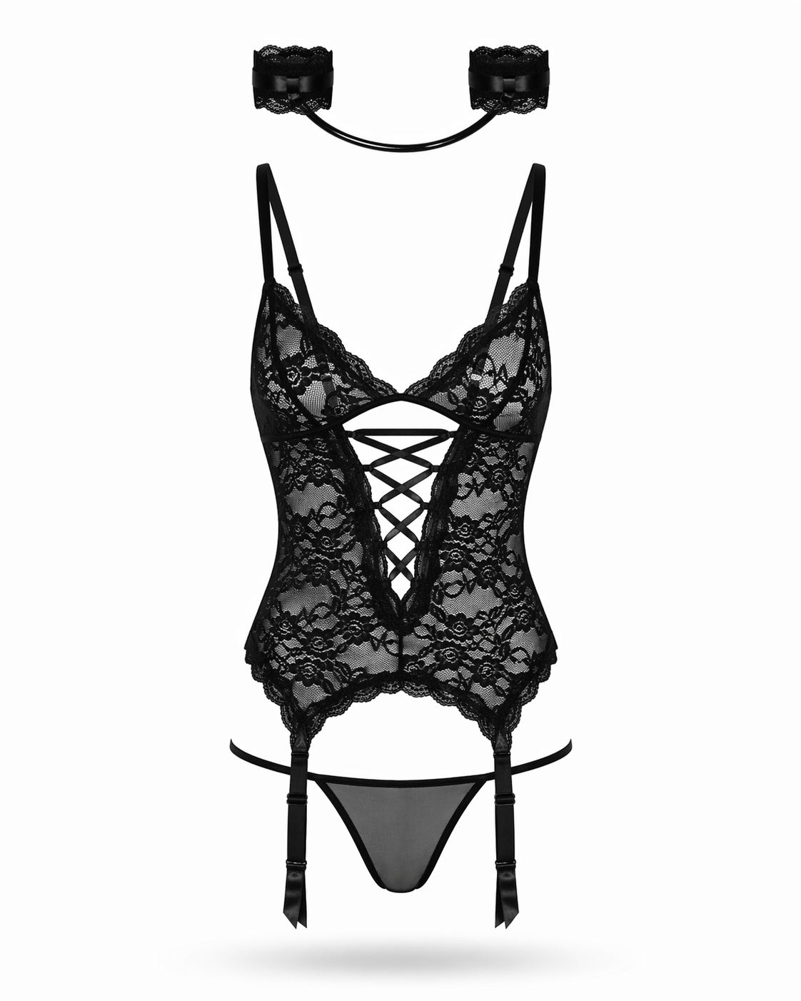 Siyah Dantel Bağcık Detaylı Jartiyer Body - LV8139