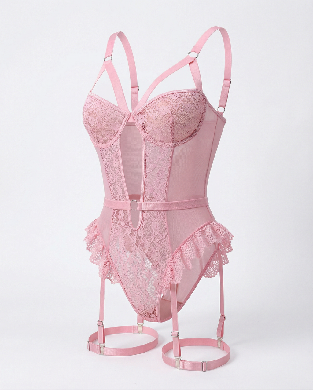 Pembe Dantel Jartiyer Body – Bacak Bantlı Fantazi Set - LV8450