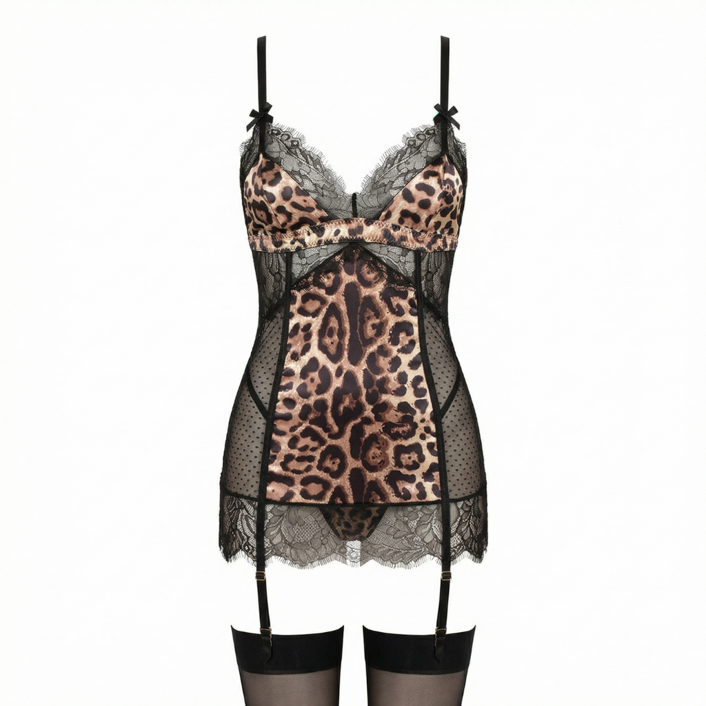 Leopar Dantel Jartiyerli Gecelik Set