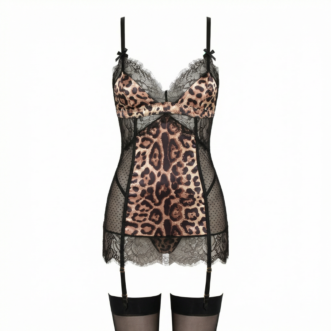 Leopar Dantel Jartiyerli Gecelik Set