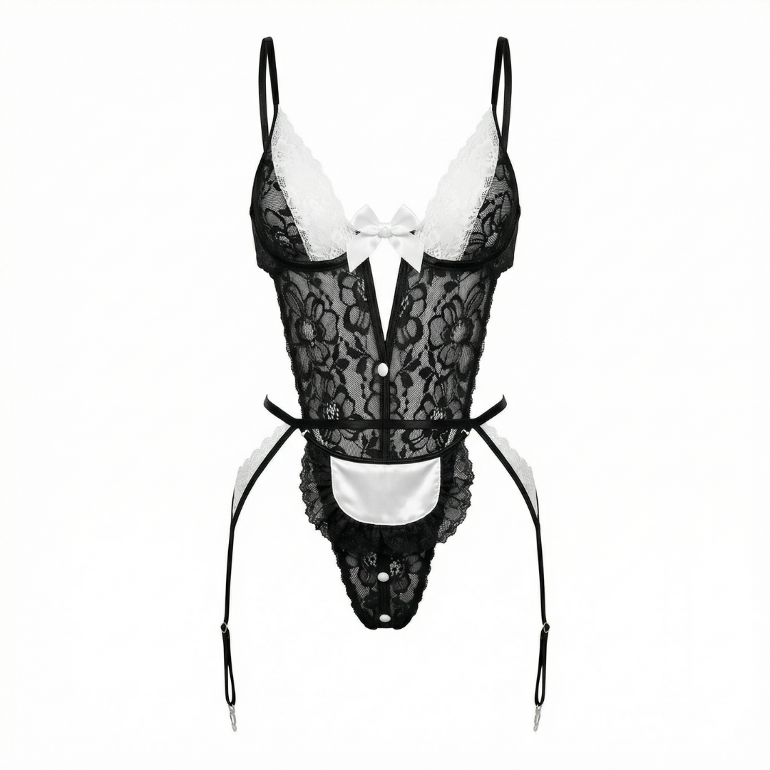 Siyah Beyaz Dantel Hizmetçi Temalı Fantazi Body