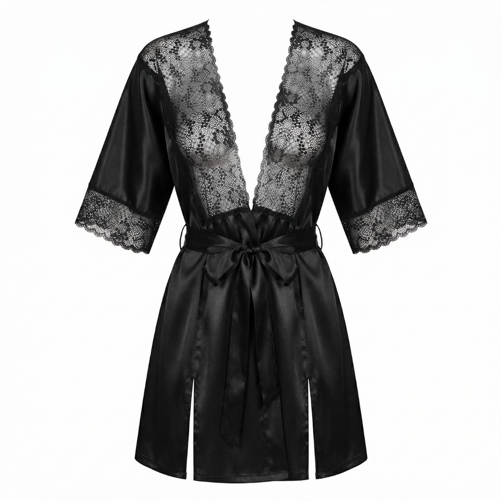 Siyah Saten Dantel Detaylı Kadın Gecelik Sabahlık