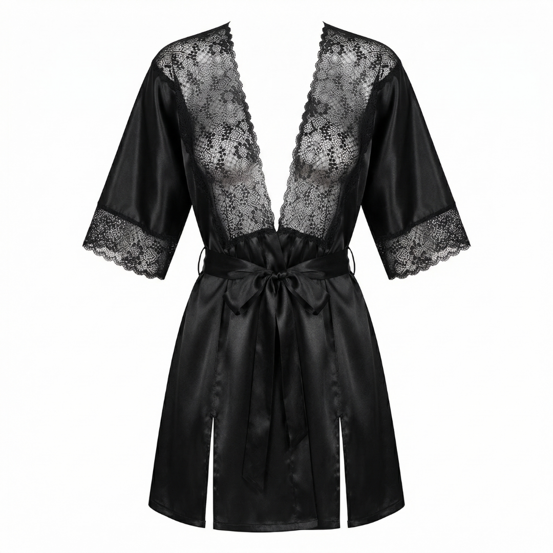 Siyah Saten Dantel Detaylı Kadın Gecelik Sabahlık