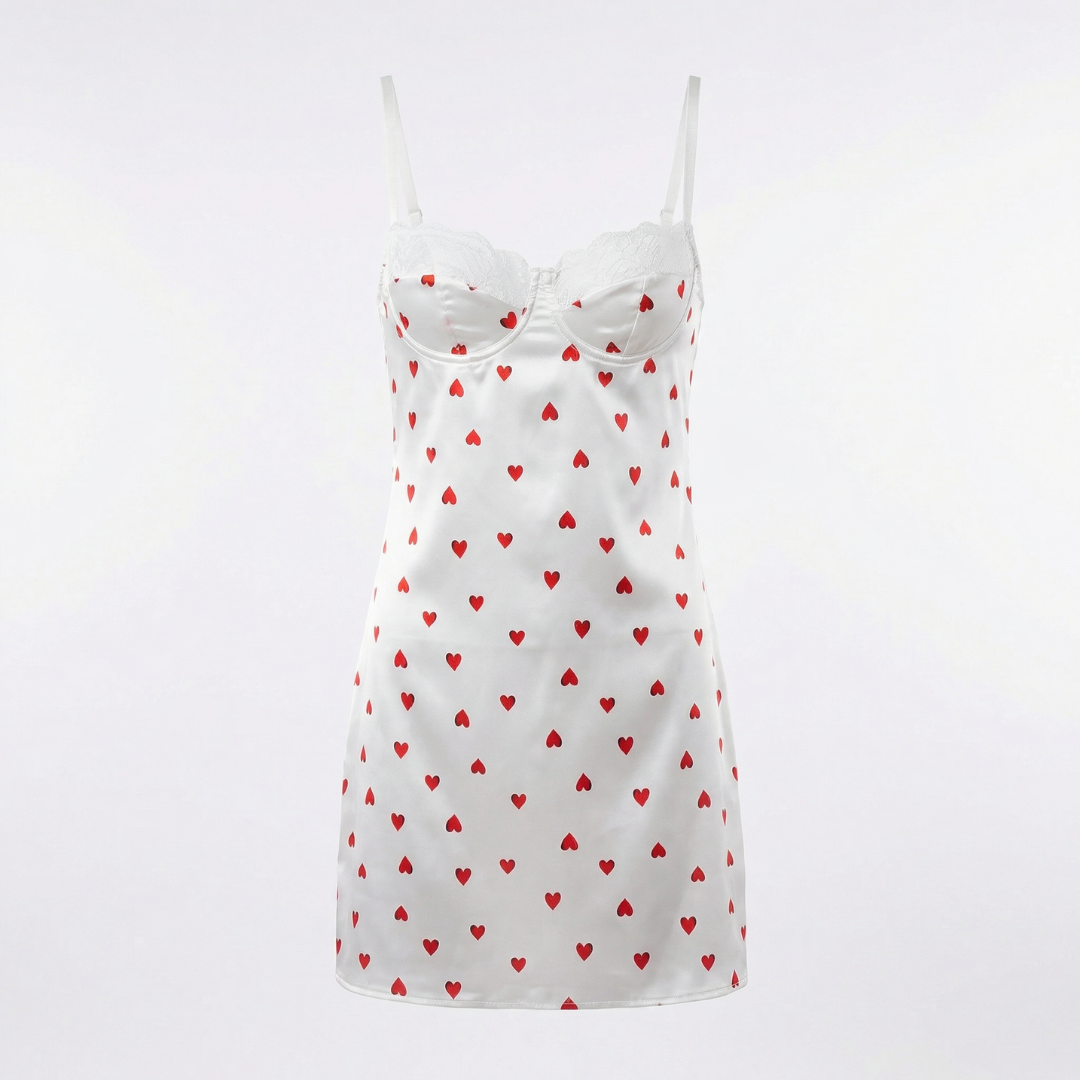 Beyaz Kalp Desenli Saten Gecelik