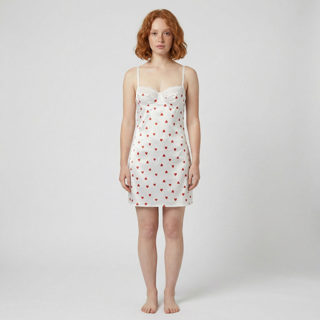 Beyaz Kalp Desenli Saten Gecelik