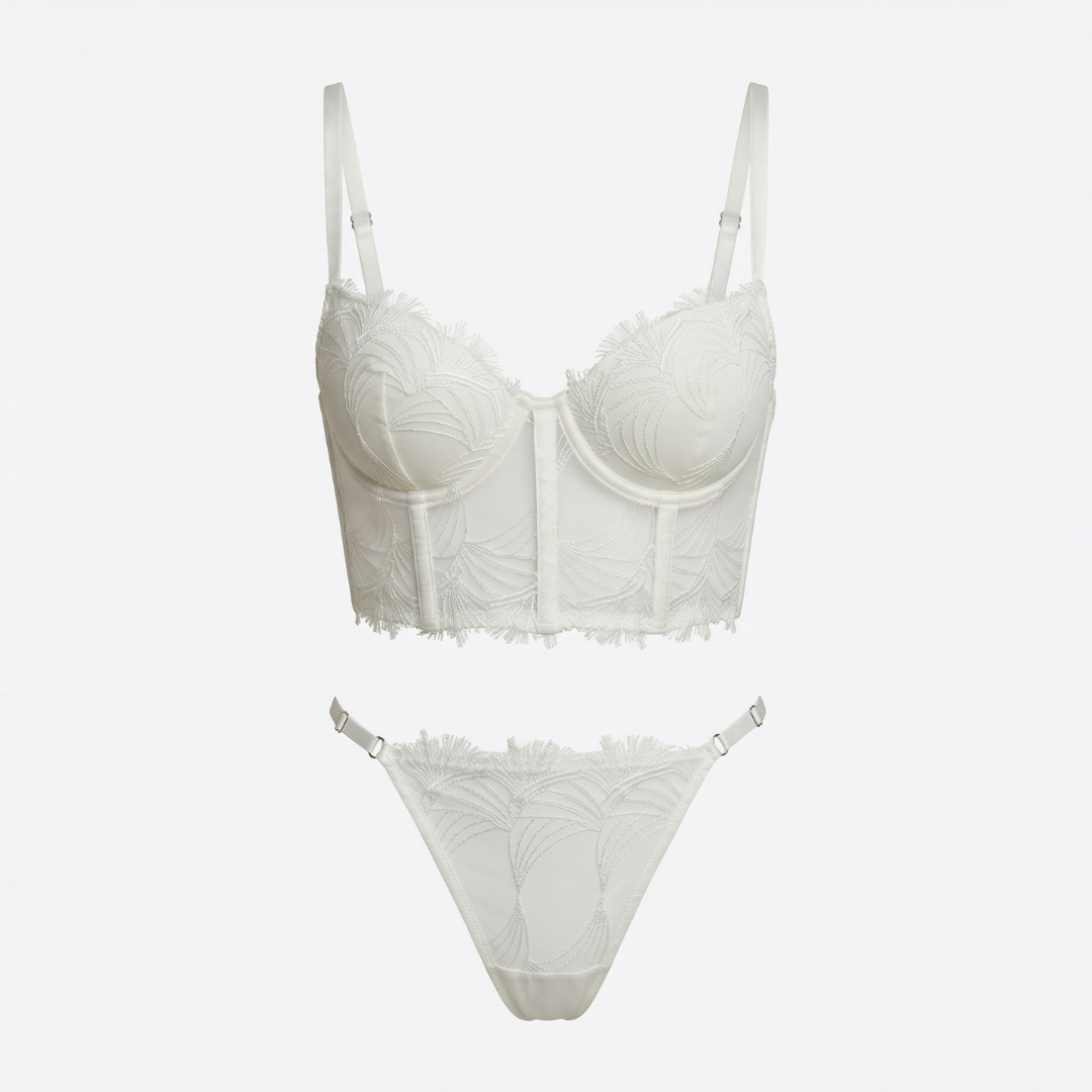 Beyaz Saçaklı Bustiyer Takım - Dantel Detaylı