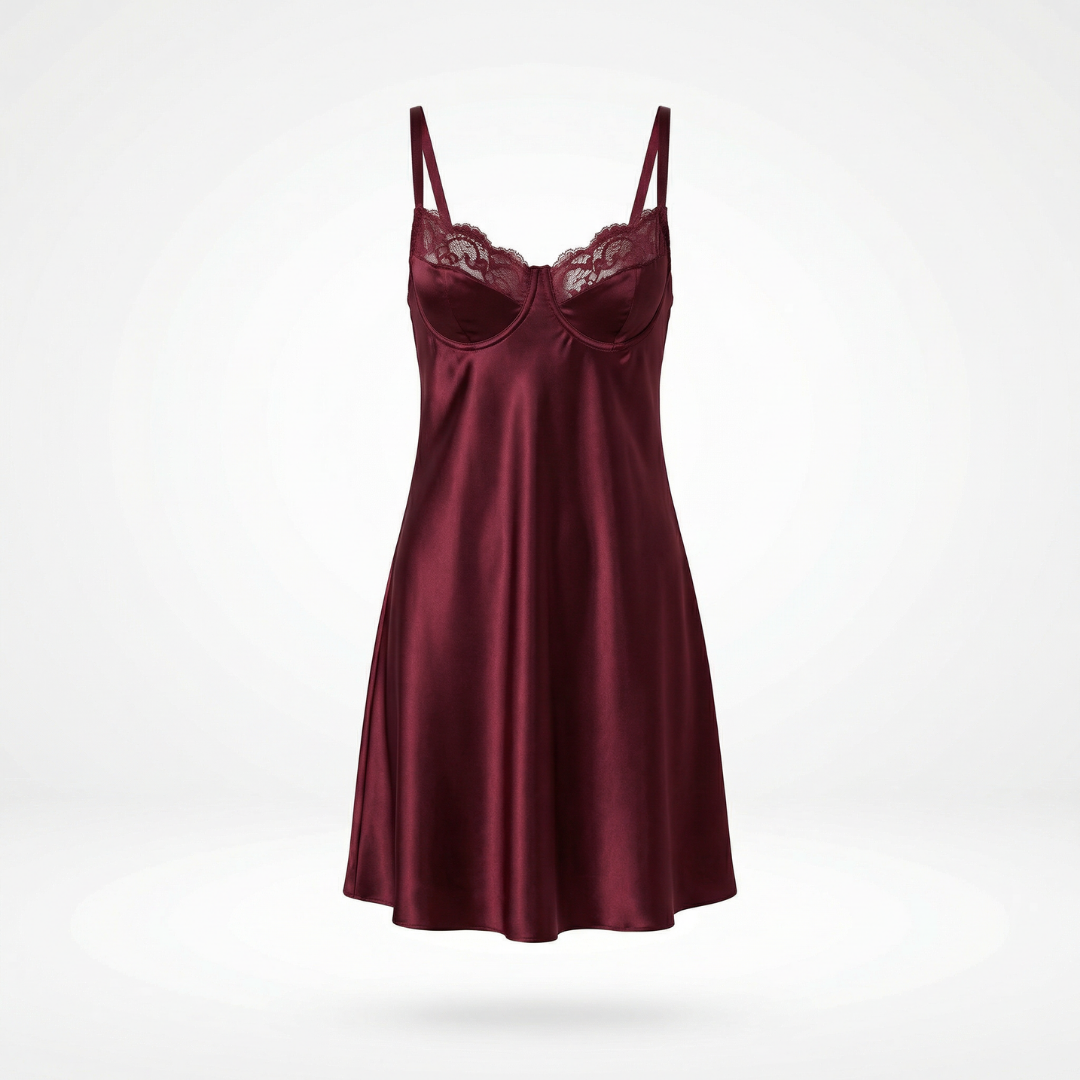 Bordo Saten Dantel Detaylı Gecelik