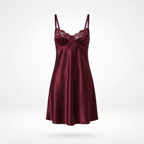 Bordo Saten Dantel Detaylı Gecelik