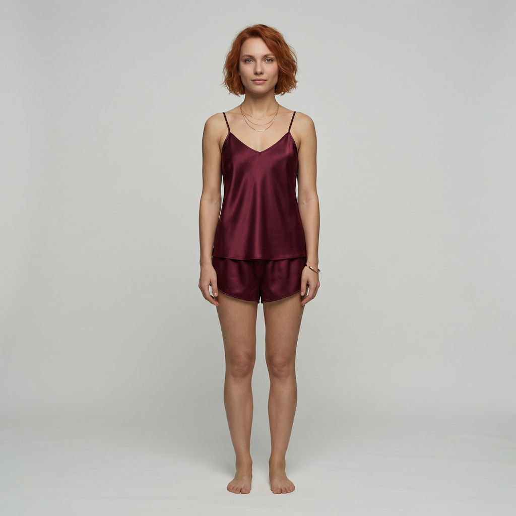 Bordo Saten Dantel Detaylı Kısa Gecelik