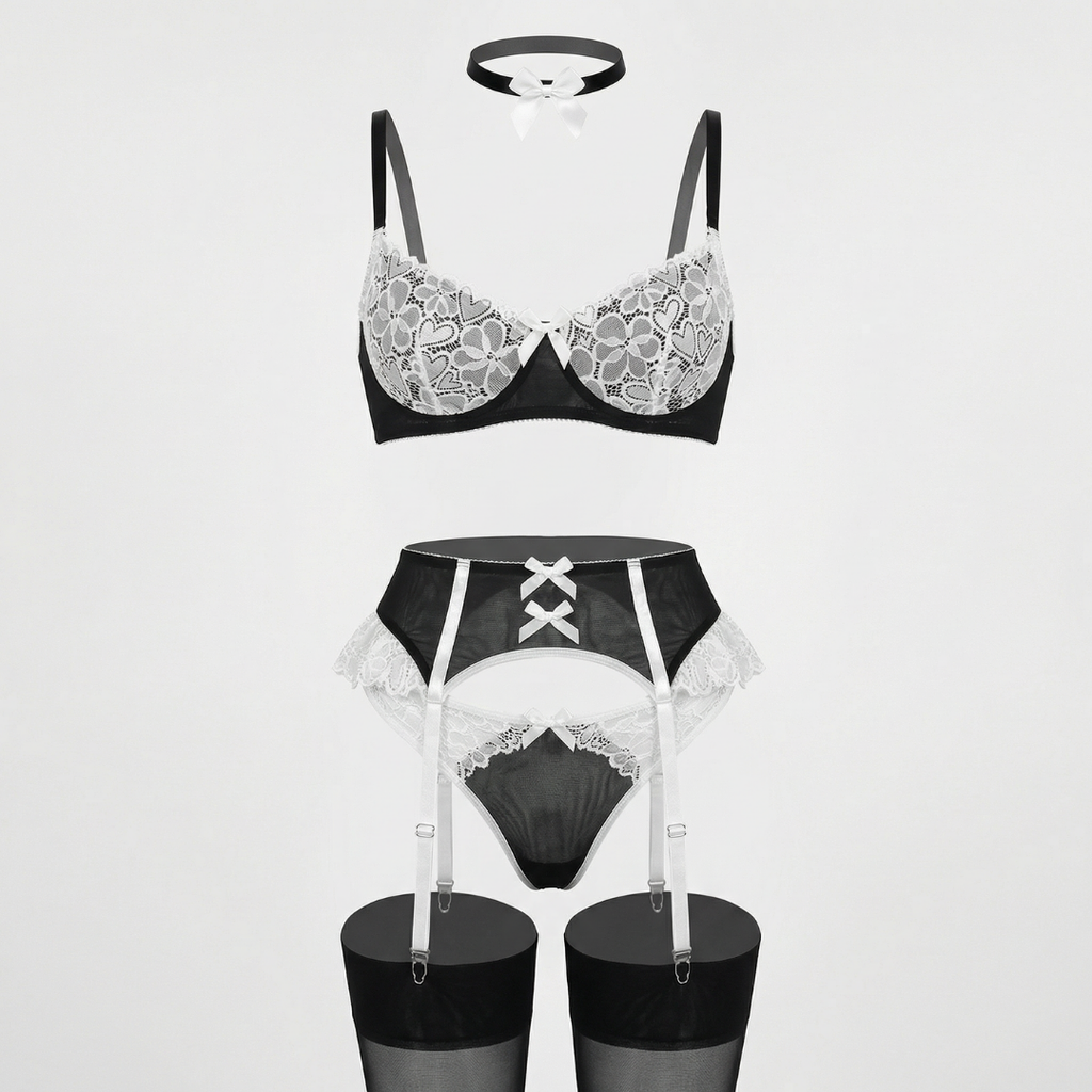 Dantel Sütyen, Tanga ve Jartiyer Takımı (Fantazi Hizmetçi Kostüm)