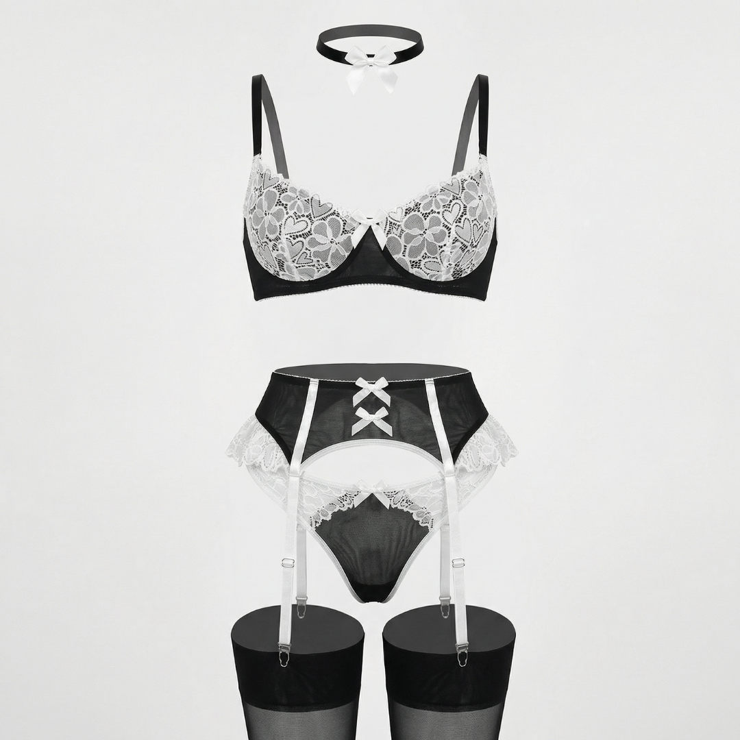 Dantel Sütyen, Tanga ve Jartiyer Takımı (Fantazi Hizmetçi Kostüm)