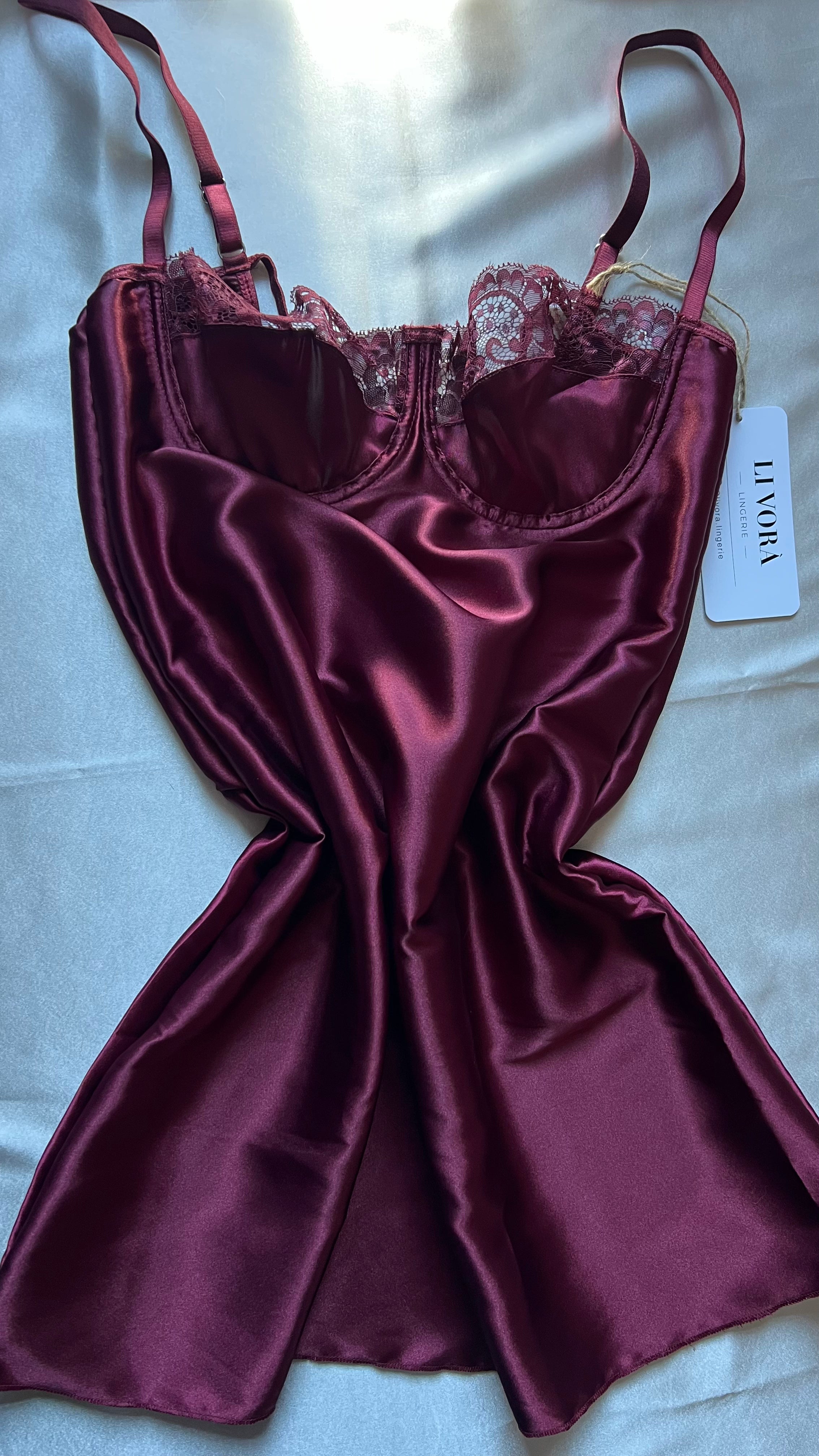 Bordo Saten Dantel Detaylı Gecelik