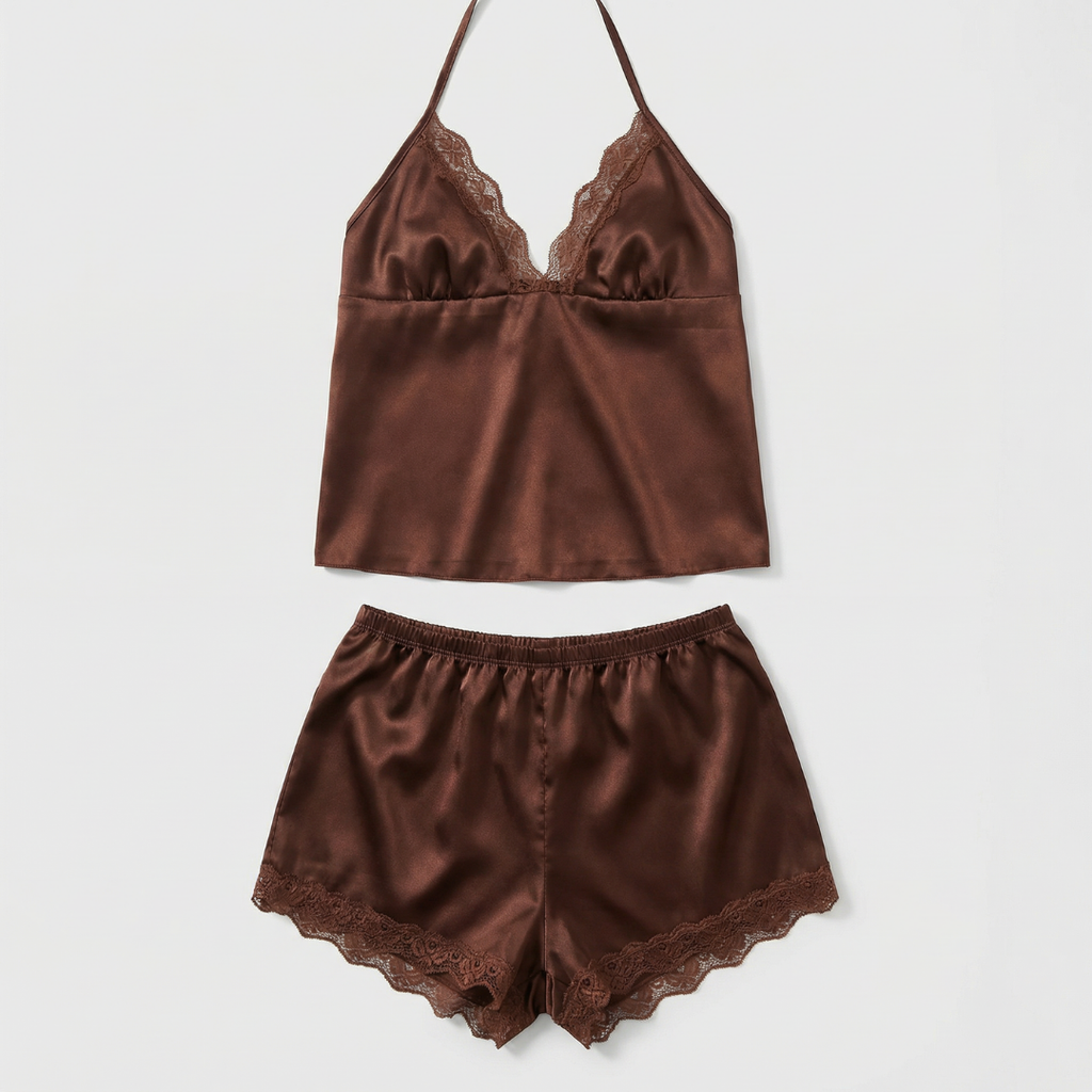 Kahverengi Saten Dantel Detaylı Kısa Gecelik