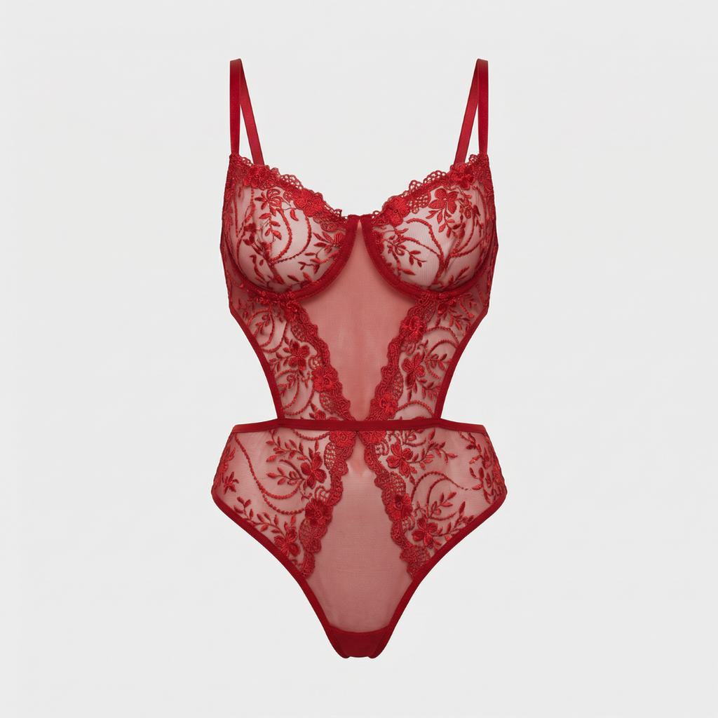 Kırmızı Dantel Transparan Bodysuit