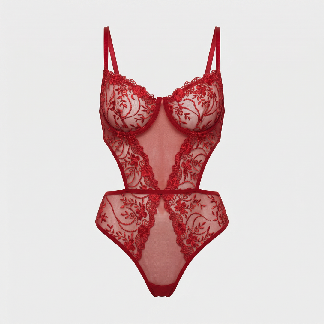 Kırmızı Dantel Transparan Bodysuit