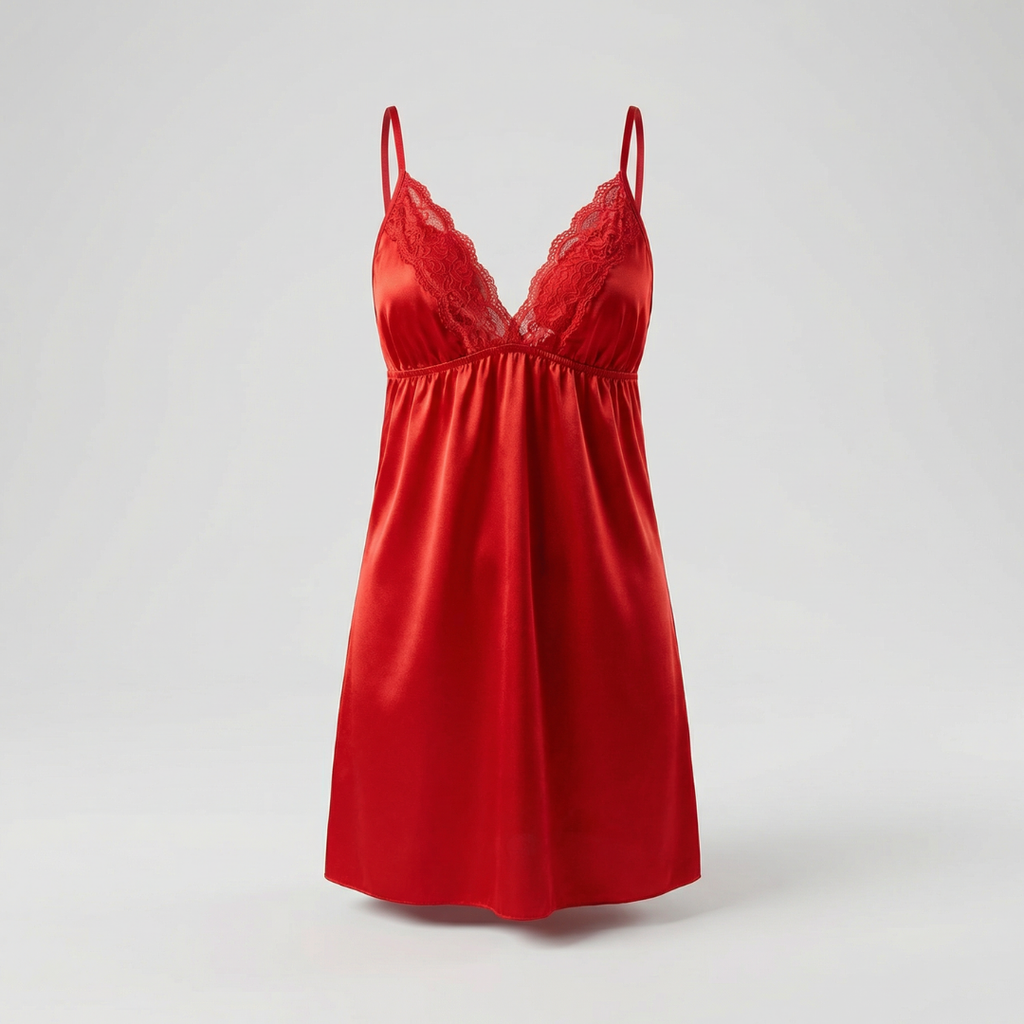 Kırmızı Saten Dantel Detaylı Gecelik