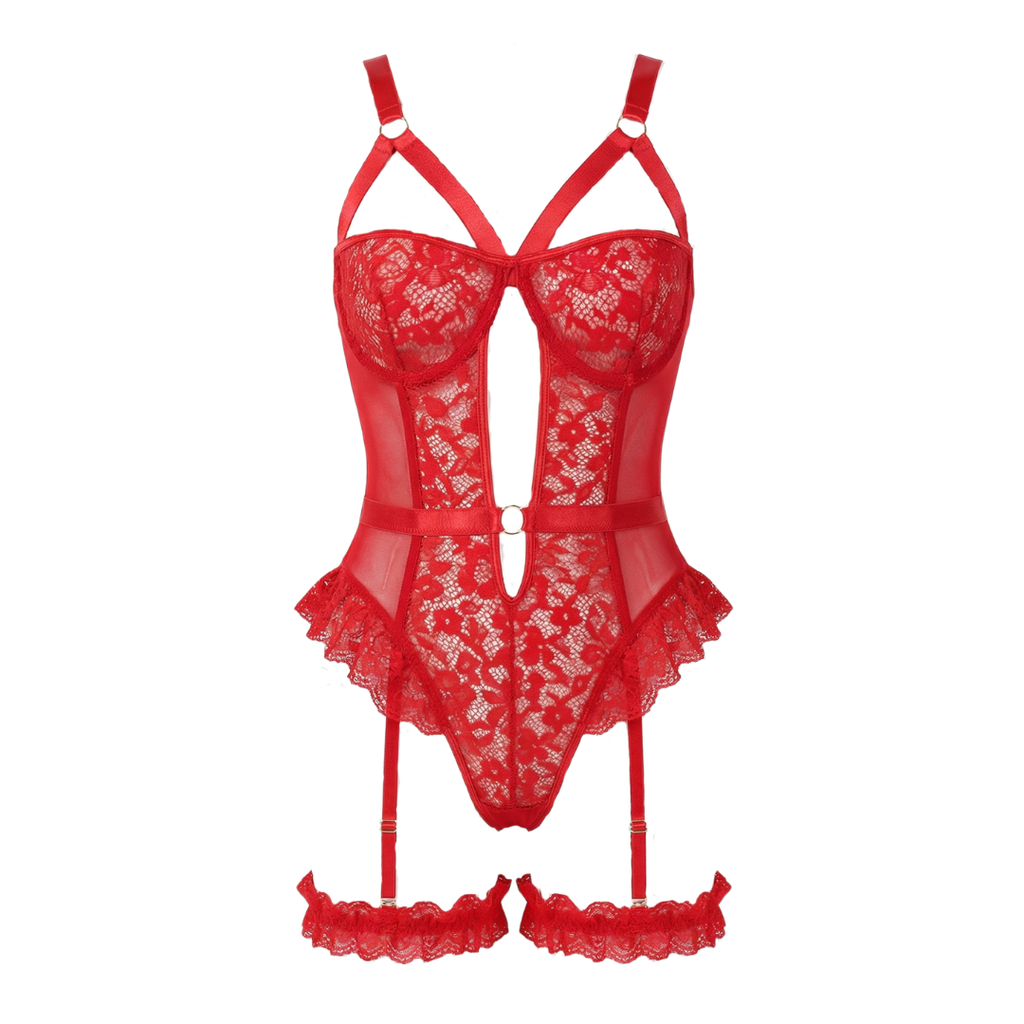 Kırmızı Dantel Jartiyer Body – Bacak Bantlı Fantazi Set