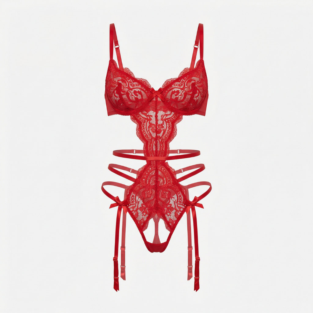 Kırmızı İşlemeli Dantel Jartiyer Askılı Seksi Body