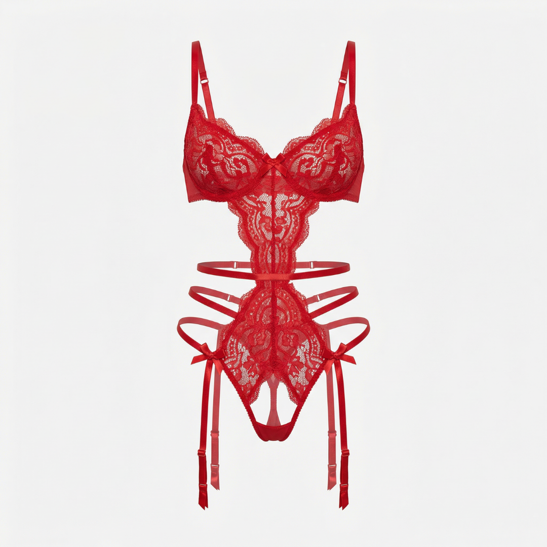 Kırmızı İşlemeli Dantel Jartiyer Askılı Seksi Body