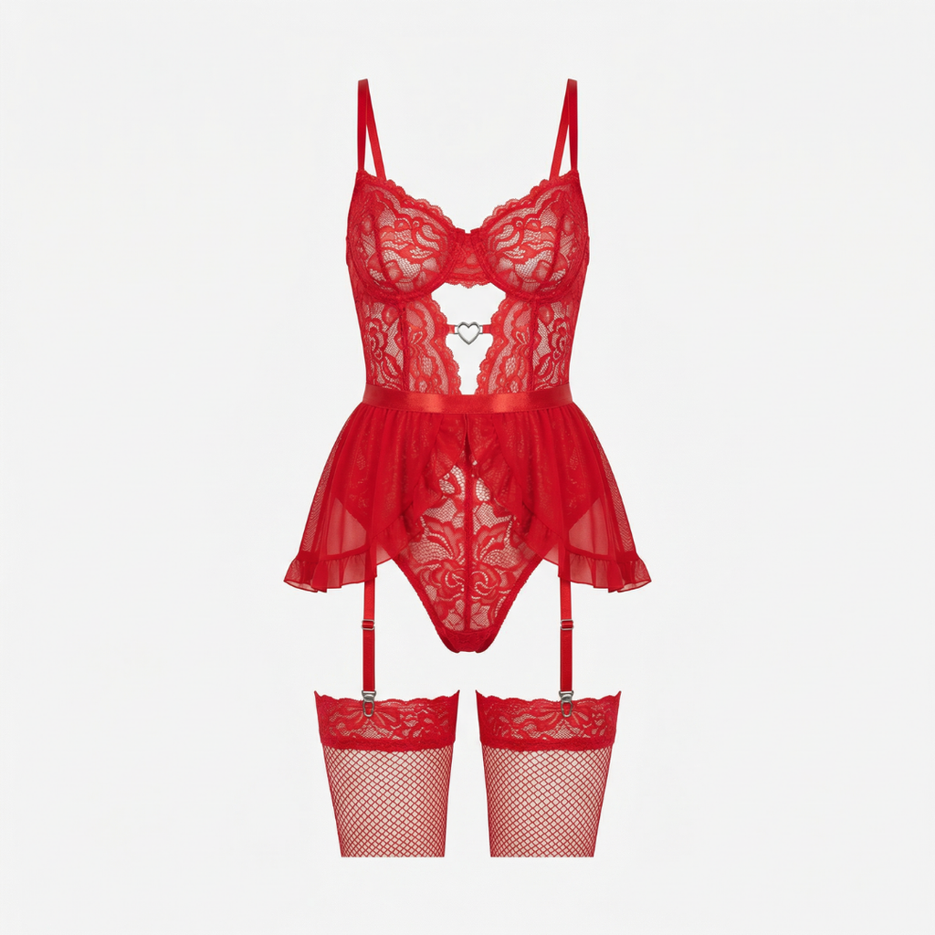 Kırmızı Dantel Kalp Detaylı Jartiyer Takım