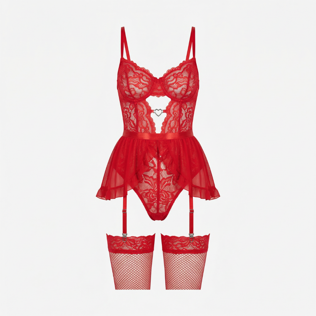 Kırmızı Dantel Kalp Detaylı Jartiyer Takım