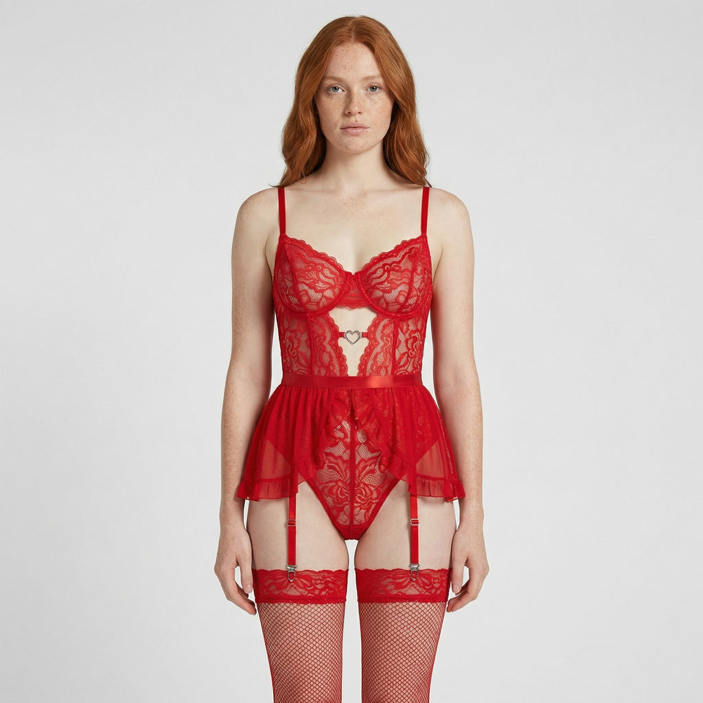 Kırmızı Dantel Kalp Detaylı Jartiyer Takım