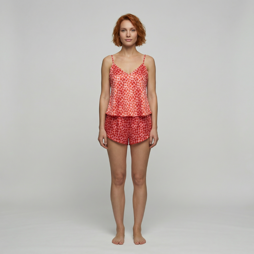 Kırmızı Kalp Desenli Saten Şortlu Pijama Takımı