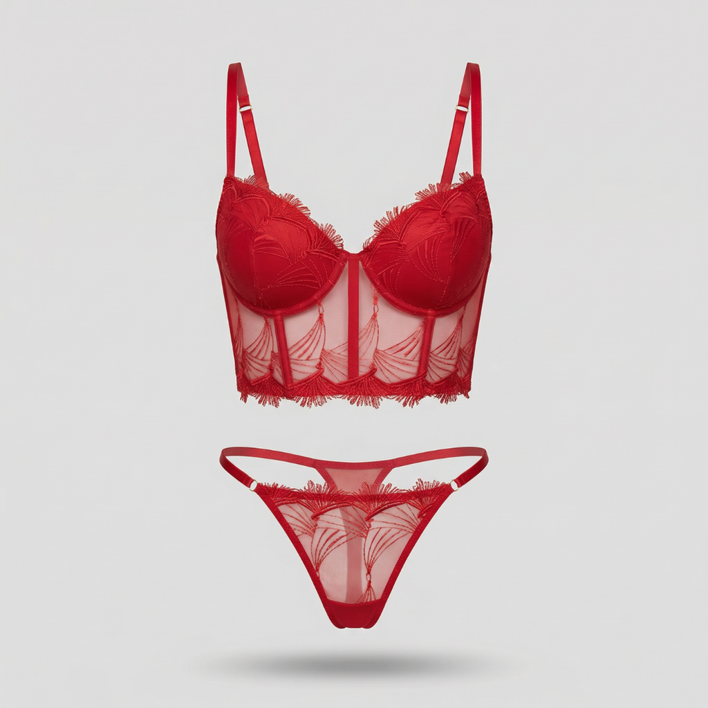 Kırmızı Saçaklı Bustiyer Takım - Dantel Detaylı