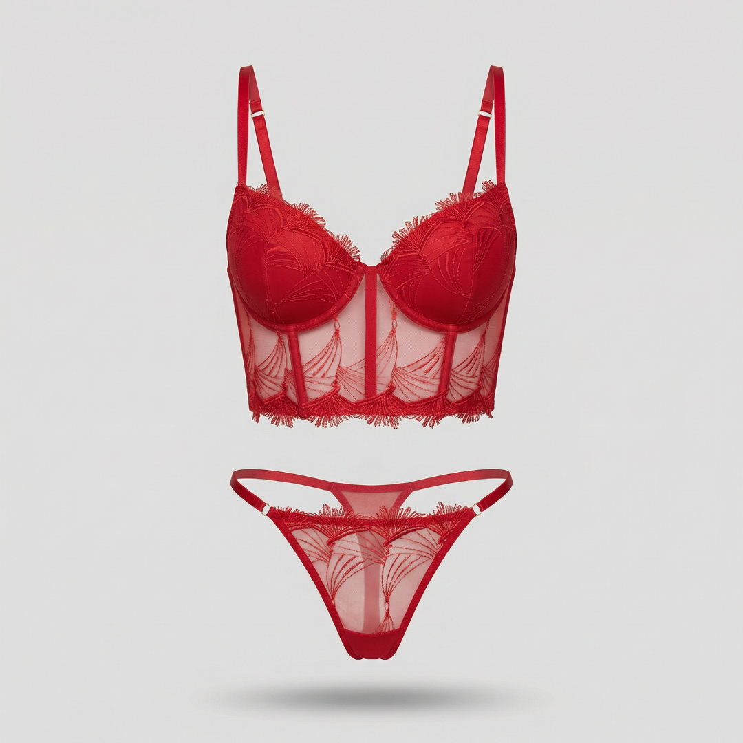 Kırmızı Saçaklı Bustiyer Takım - Dantel Detaylı