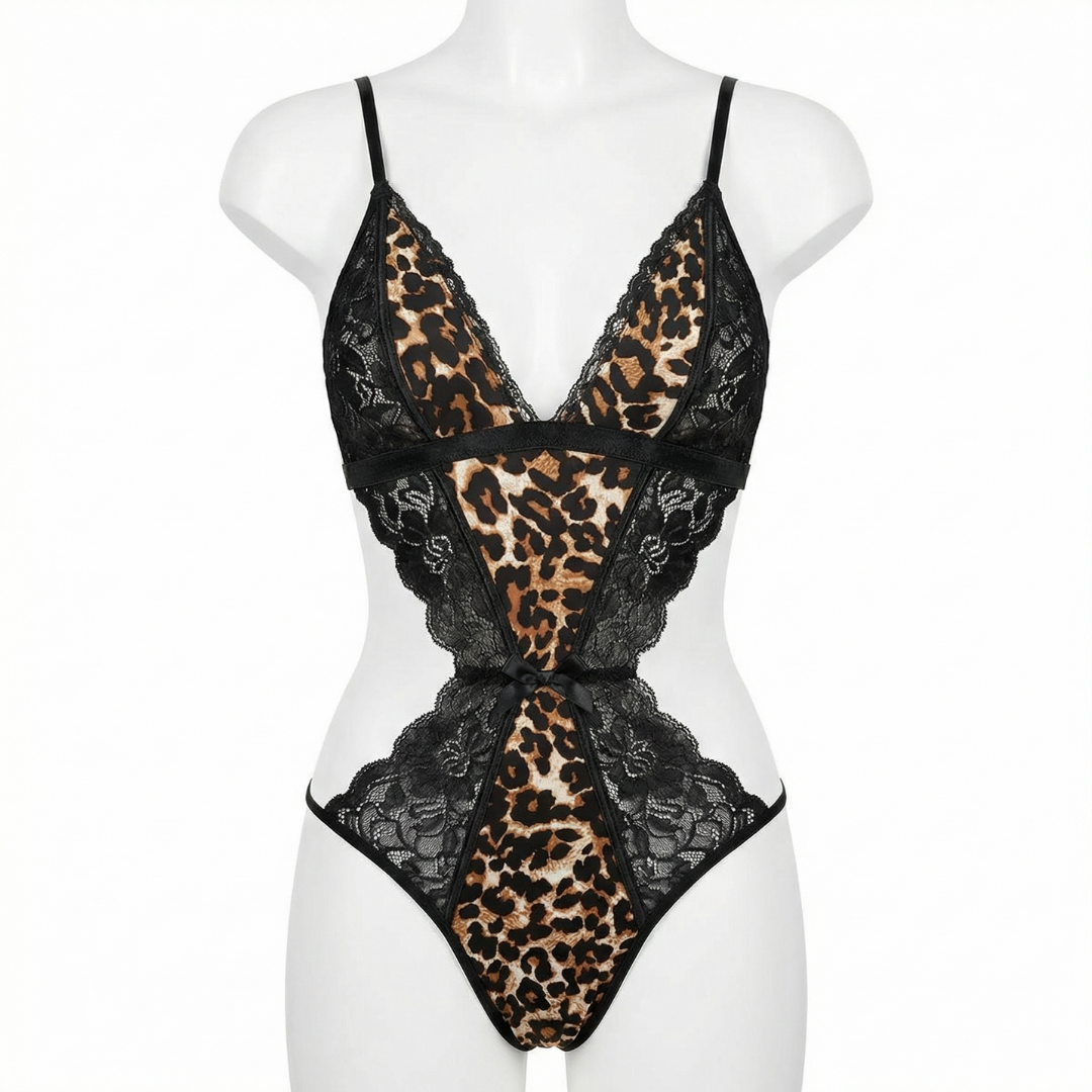Leopar Desenli Dantel Detaylı Seksi Bodysuit