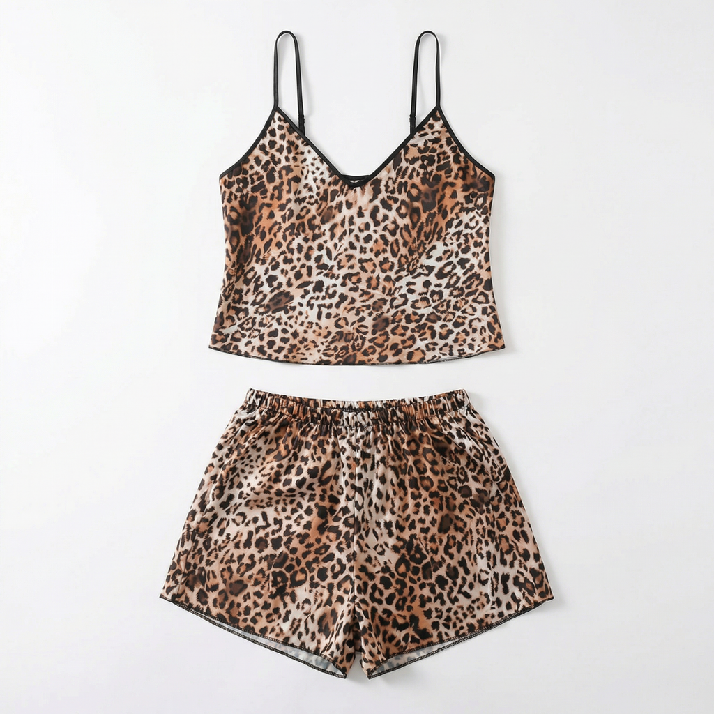 Leopar Saten Dantel Detaylı Kısa Gecelik