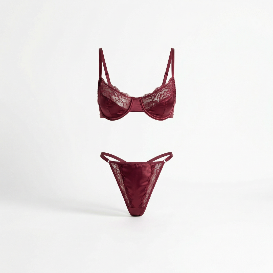 Bordo Saten & Dantel Detaylı Sütyen Takımı – Şık ve Seksi