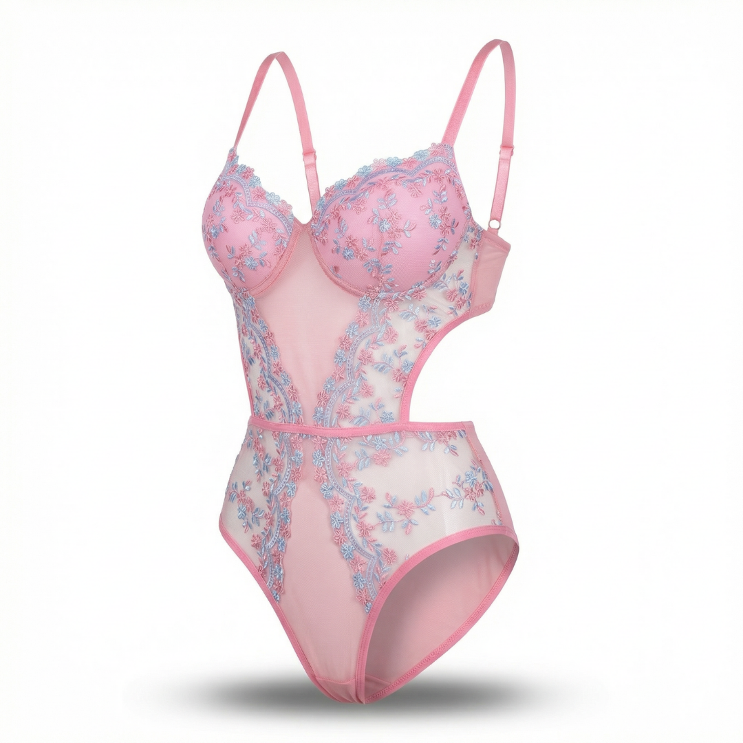 Floral Nakışlı Pembe Tül Body – Şık ve Feminen İç Giyim