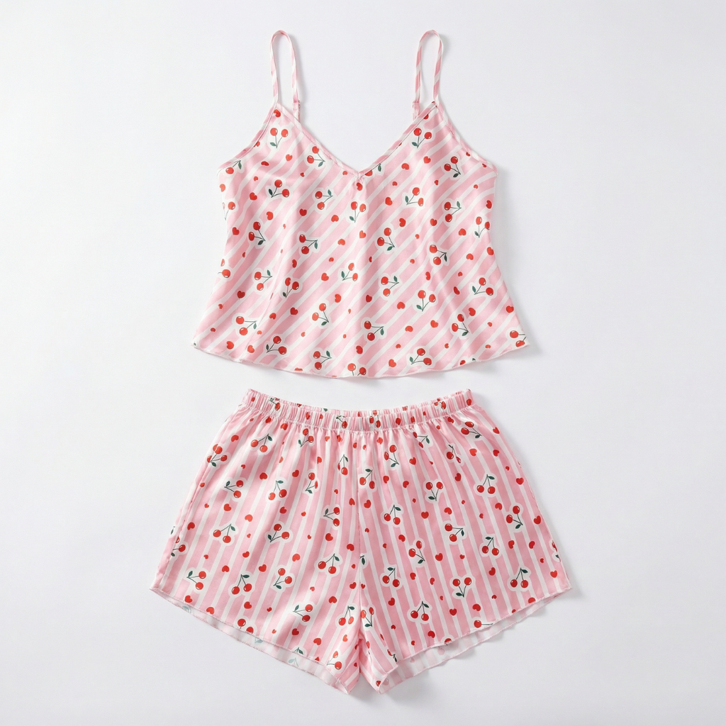 Pembe Kiraz Desenli Saten Şortlu Pijama Takımı