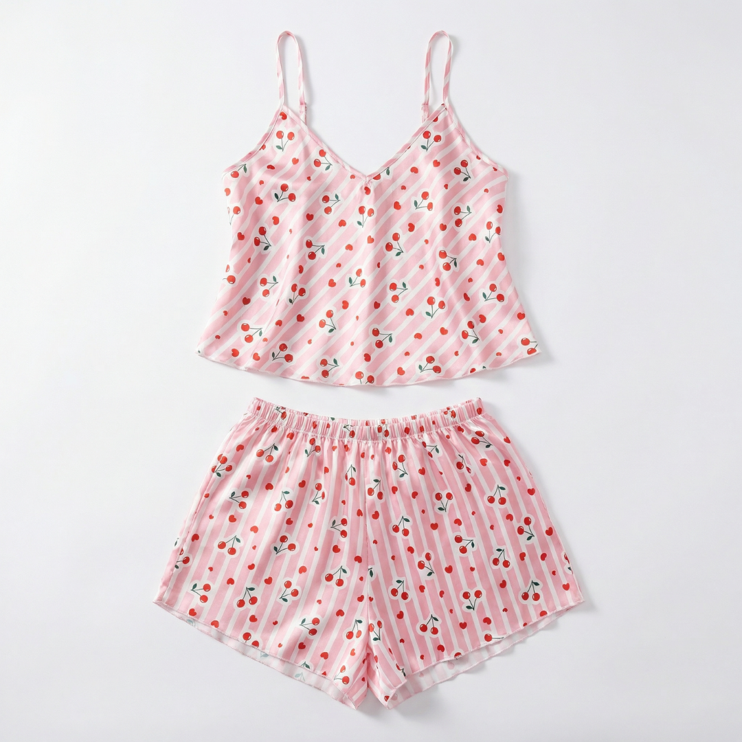 Pembe Kiraz Desenli Saten Şortlu Pijama Takımı