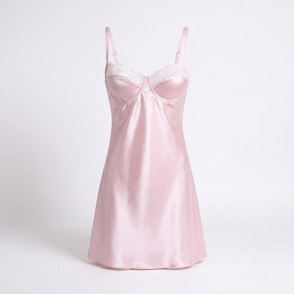 Pembe Saten Dantel Detaylı Gecelik