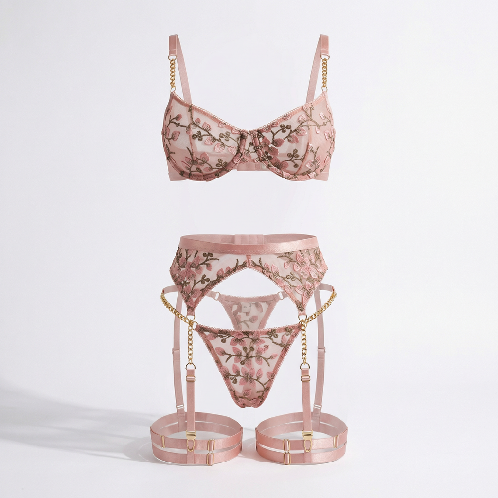 Pudra Nakışlı Zincir Detaylı Jartiyer Takımı – 4’lü Lüks Set