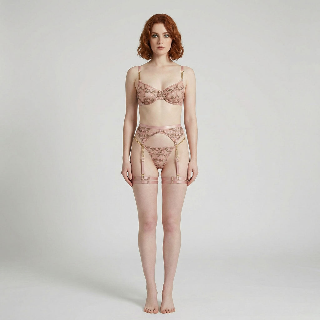 Pudra Nakışlı Zincir Detaylı Jartiyer Takımı – 4’lü Lüks Set