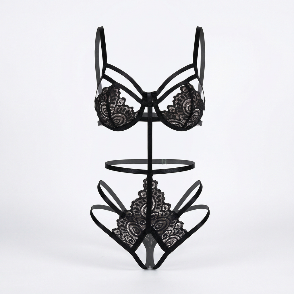 Siyah Dantel Harness Detaylı Tek Parça Seksi Body