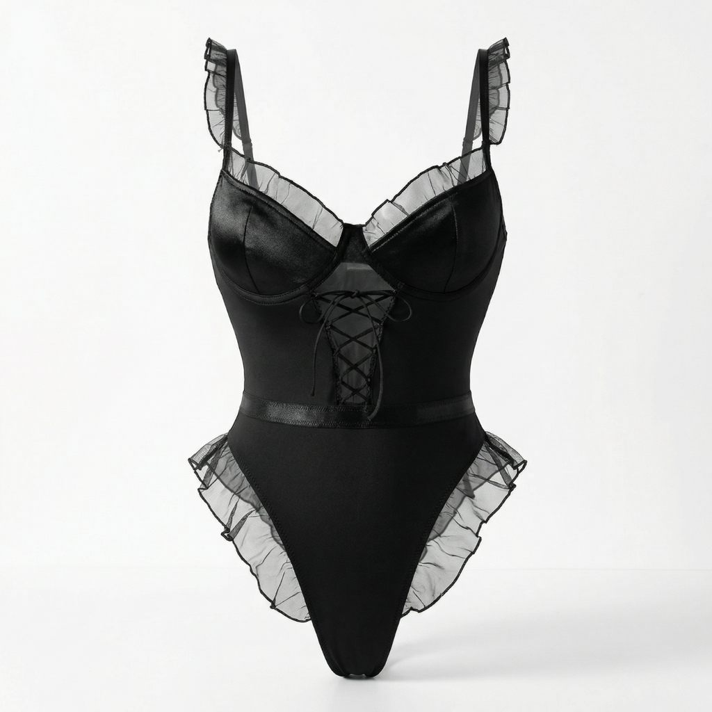 Siyah Transparan Fırfırlı ve Balenli Body