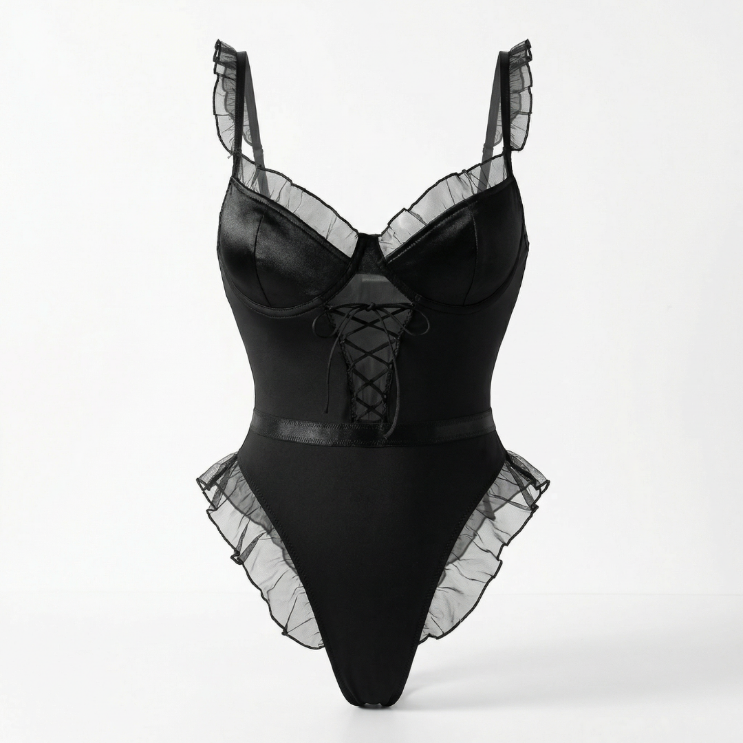 Siyah Transparan Fırfırlı ve Balenli Body