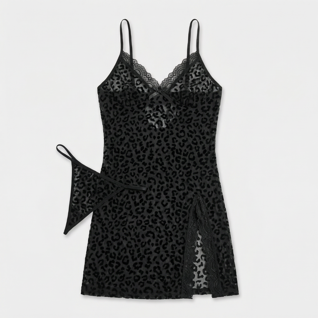 Siyah Leopar Mini Babydoll