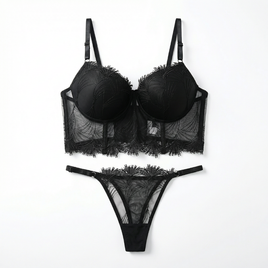 Siyah Saçaklı Bustiyer Takım - Dantel Detaylı