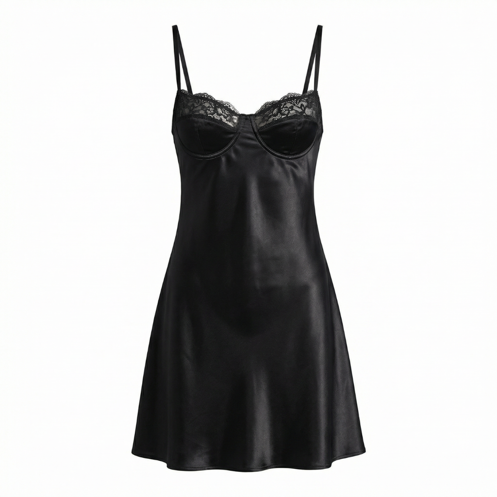 Siyah Saten Dantel Detaylı Gecelik