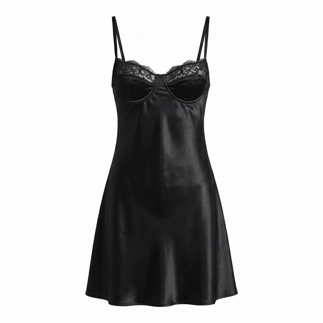 Siyah Saten Dantel Detaylı Gecelik