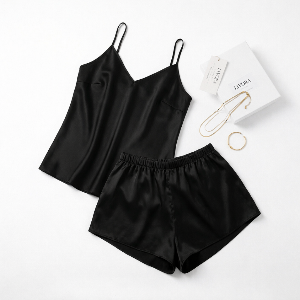 Siyah Saten Dantel Detaylı Kısa Gecelik