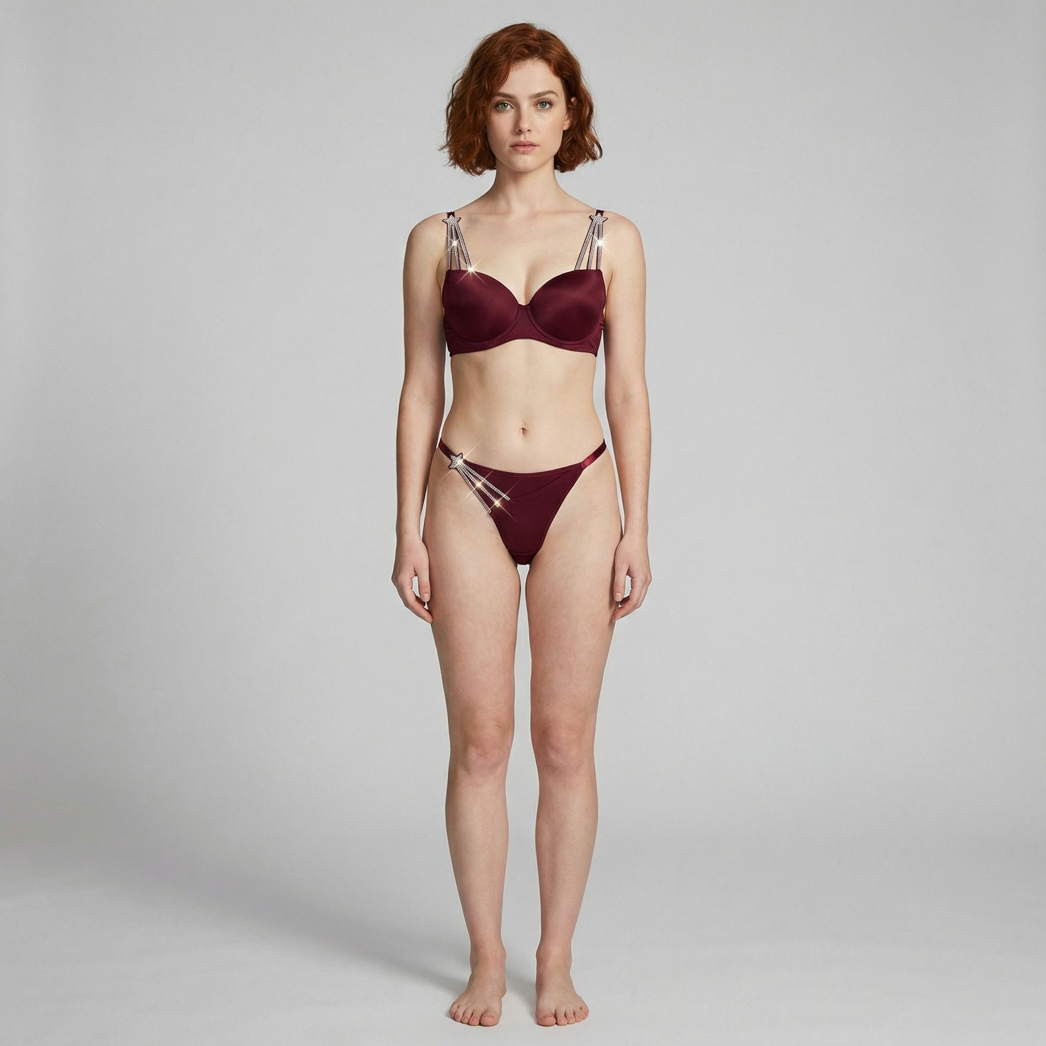 Taş Askılı Bordo Seksi Sütyen & Tanga Takım