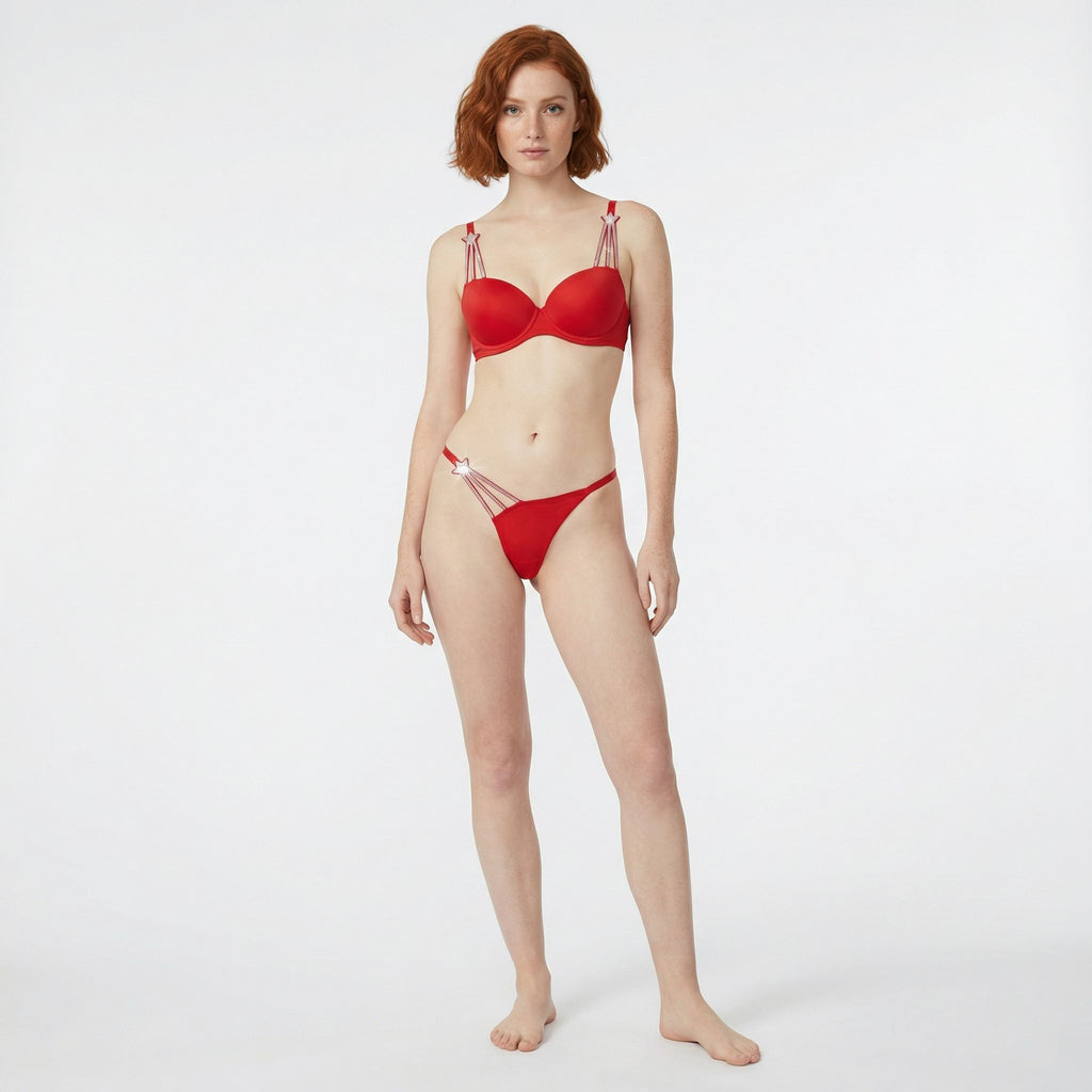 Taş Askılı Kırmızı Seksi Sütyen & Tanga Takım