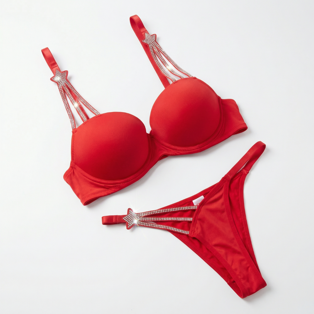 Taş Askılı Kırmızı Seksi Sütyen & Tanga Takım