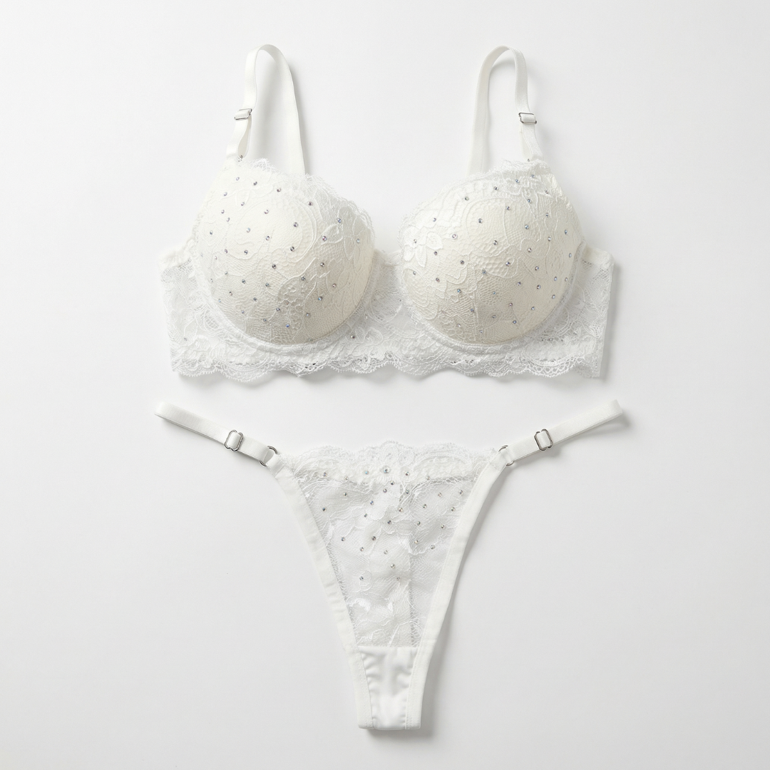 Beyaz Taş Detaylı Dantel Sütyen & Tanga Takım